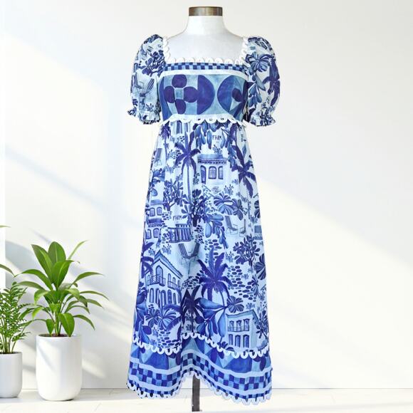 FARM RIO Sweet Rio Midi Dress Small Puff Sleeve Blue Tropical Graphic Print - Picture 2 of 13